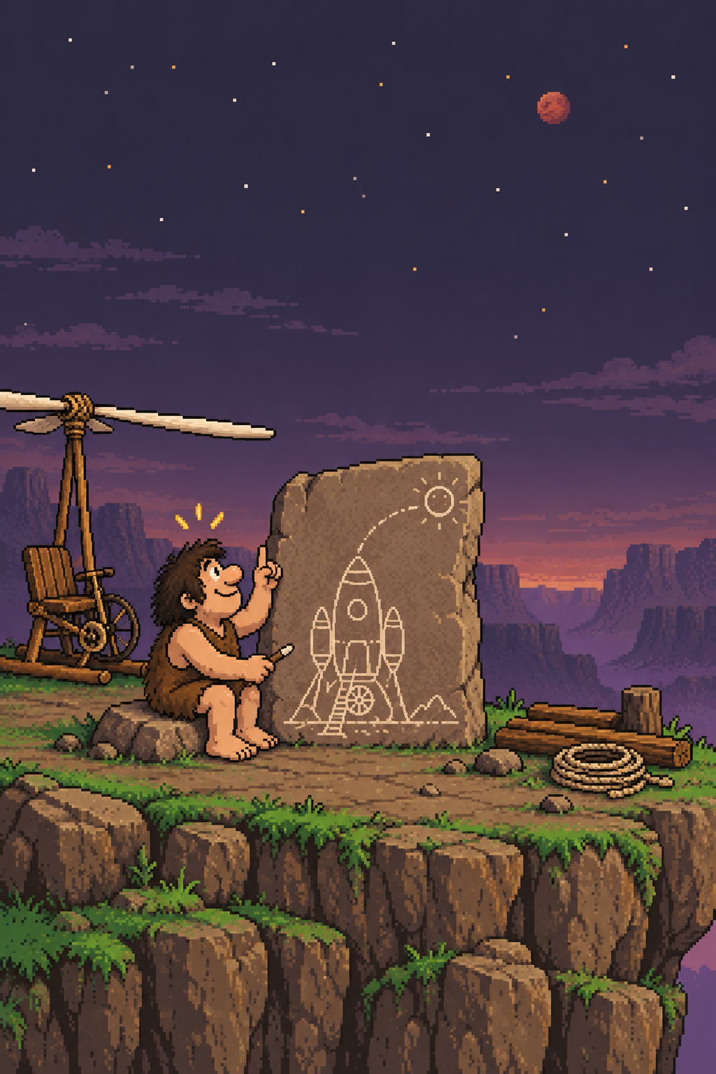 Ugga sketches a rocket on a stone slab beside his wooden pedal-powered copter.