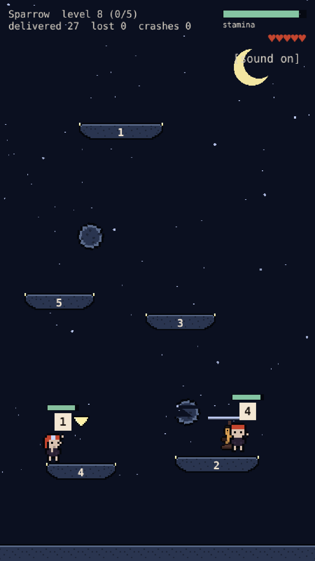 Midnight gameplay: the copter flies among dark rock platforms under a starry sky.