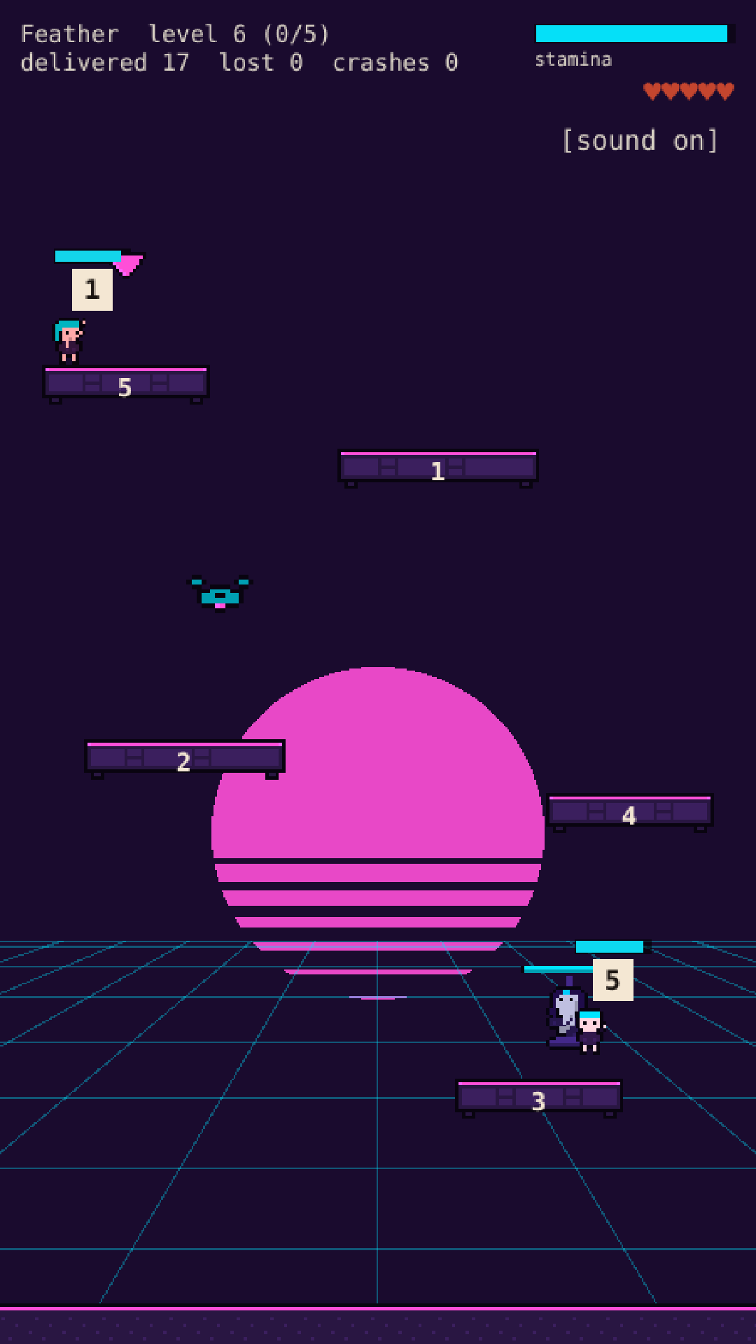 Neon Valley gameplay with glowing rooftop landing pads and a city skyline.