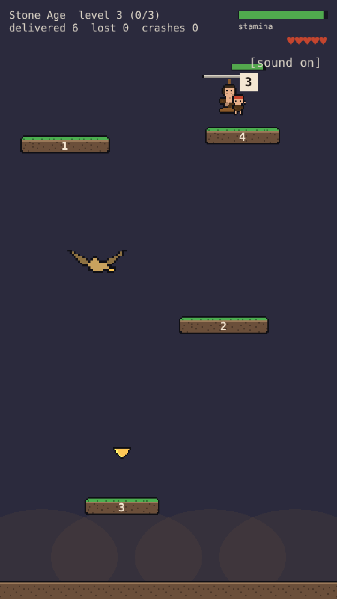 Stone Age gameplay: a wooden copter carries a passenger between rocky ledges.